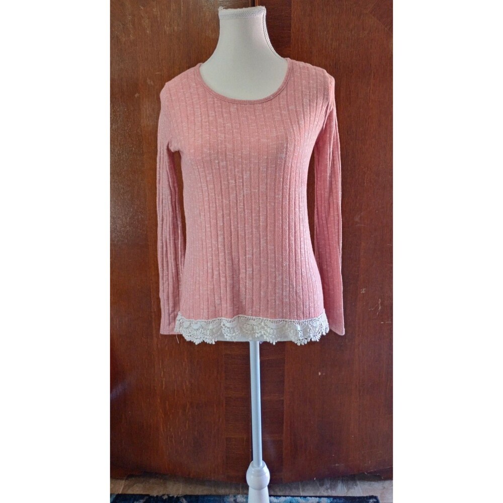 Living Doll Sweater Blouse Sz S Rose Pink Ribbed Lace Hem Preppy Princess Barbie